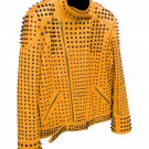 Men motorbike fashion style full body gothic studded brown leather jacket SIze l
