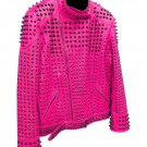 Men motorbike fashion style full body gothic studded pink leather jacket SIze l
