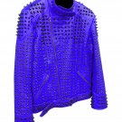 Men motorbike fashion style full body gothic studded blue leather jacket SIze xs