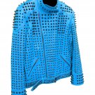 Men motorbike fashion style full body gothic studded blue leather jacket SIze xl