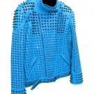 Men motorbike fashion style full body gothic studded blue leather jacket SIze m