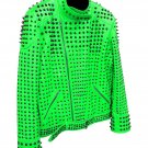 Men motorbike fashion style full body gothic studded green leather jacket SIze xs