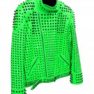 Men motorbike fashion style full body gothic studded green leather jacket SIze xl