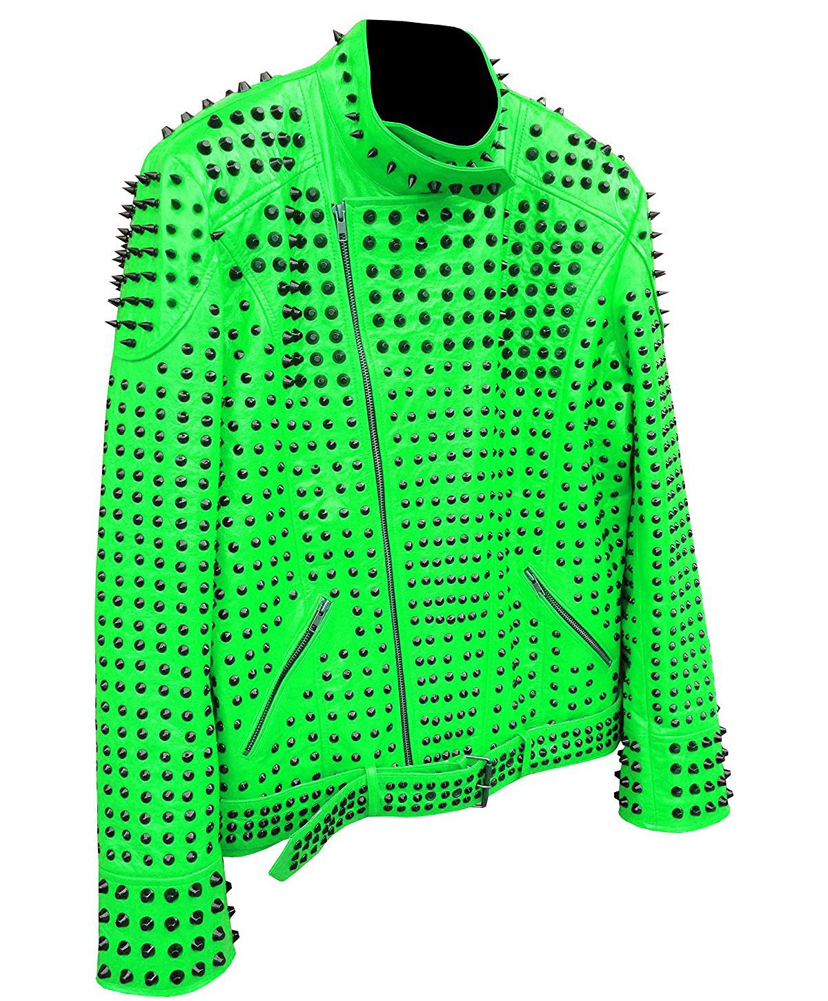 Men motorbike fashion style full body gothic studded green leather jacket SIze 2xl