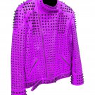 Men motorbike fashion style full body gothic studded purple leather jacket SIze s