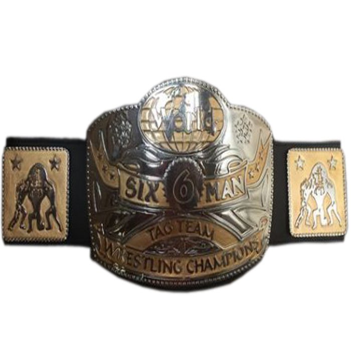 WORLD SIX MAN TAG TEAM WRESTLING CHAMPIONSHIP BELT ADULT SIZE BLACK LEATHER STRAP
