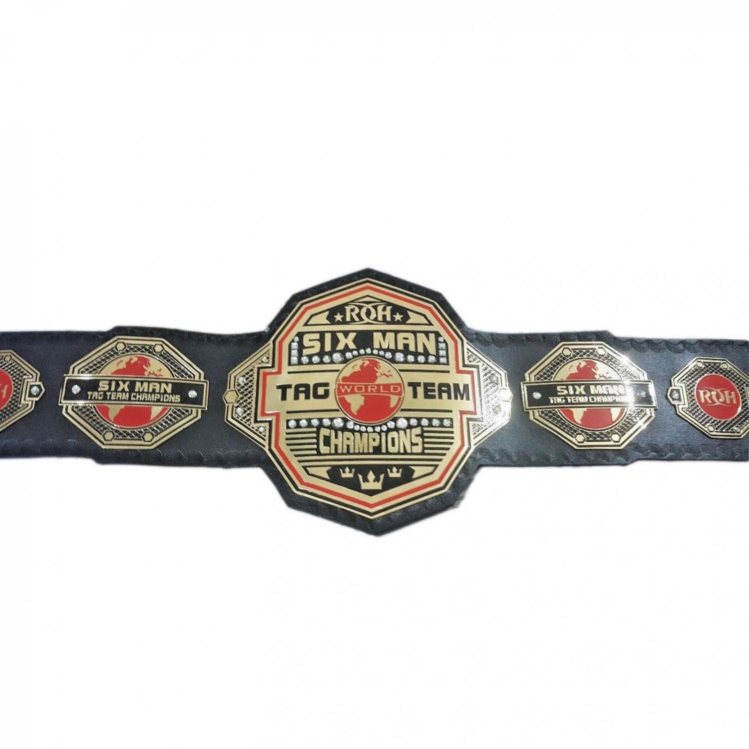 ROH RING OF SIX MAN TAG TEAM WORLD WRESTLING CHAMPIONSHIP BELT BLACK LEATHER STRAP ADULT SIZE