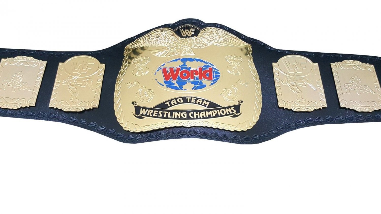 WORLD TAG TEAM WRESTLING CHAMPIONSHIP BELT BLACK LEATHER STRAP ADULT SIZE