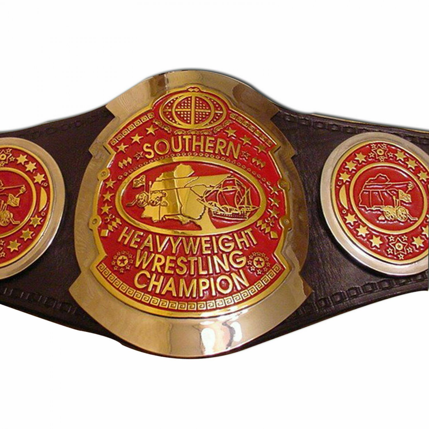SOUTHERN HEAVYWEIGHT WRESTLING CHAMPIONSHIP RED COMBINATION BELT BLACK LEATHER STRAP ADULT SIZE
