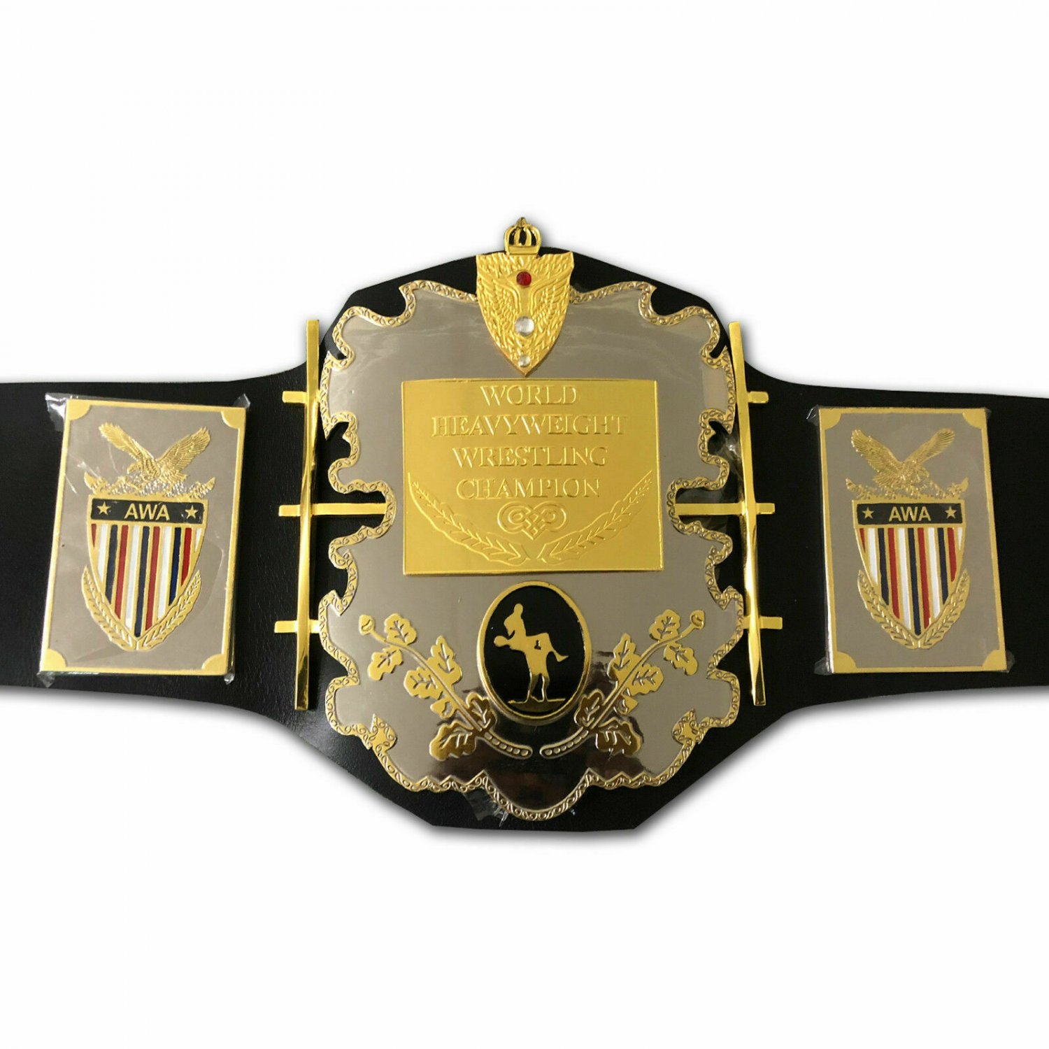AWA WORLD HEAVYWEIGHT WRESTLING CHAMPIONSHIP BELT ADULT SIZE BLACK LEATHER STRAP