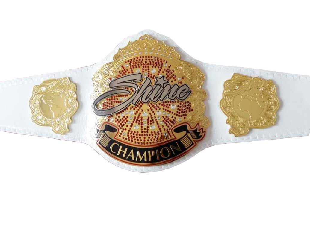 SHINE WRESTLING CHAMPIONSHIP BELT ADULT SIZE WHITE LEATHER STRAP