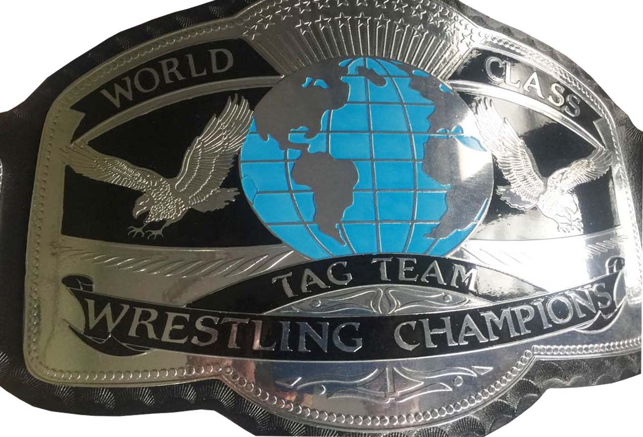 WORLD CLASS TAG TEAM WRESTLING CHAMPIONSHIP BELT BLACK LEATHER STRAP ADULT SIZE
