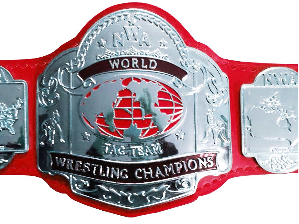 NWA TAG TEAM WORLD CHAMPION WRESTLING CHAMPIONSHIP BELT RED LEATHER STRAP ADULT SIZE