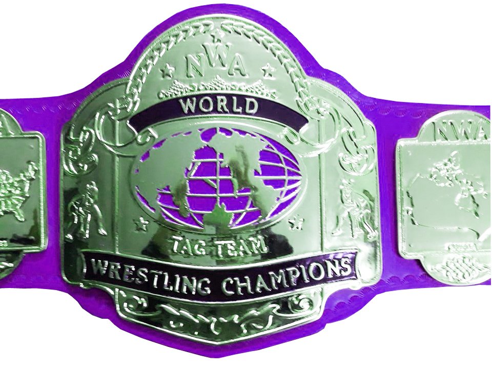 NWA TAG TEAM WORLD CHAMPION WRESTLING CHAMPIONSHIP BELT PURPLE LEATHER STRAP ADULT SIZE