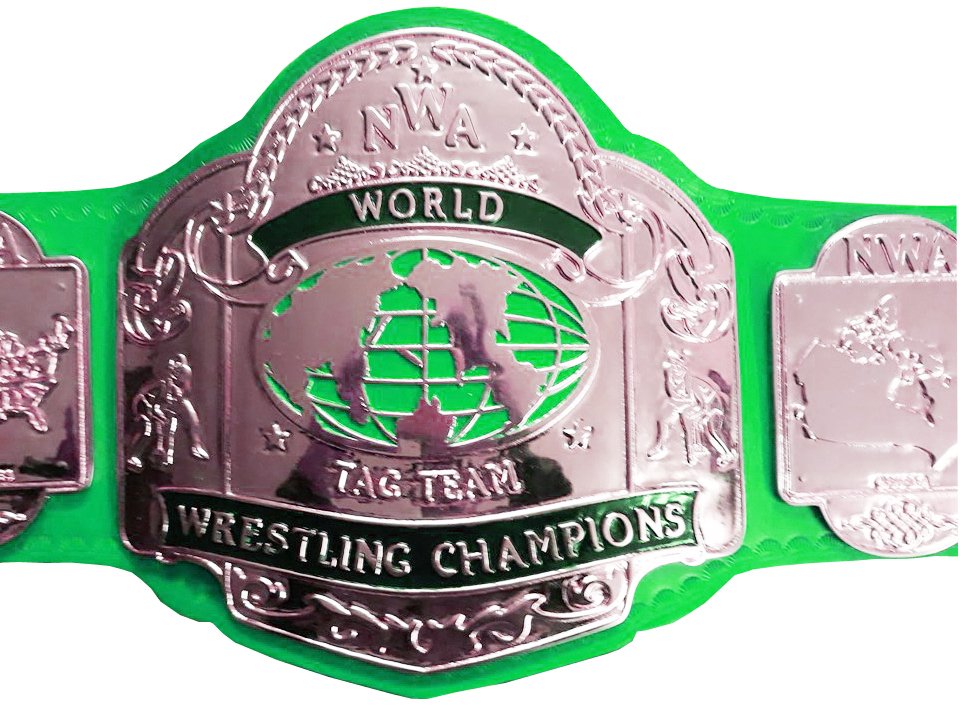 NWA TAG TEAM WORLD CHAMPION WRESTLING CHAMPIONSHIP BELT GREEN LEATHER STRAP ADULT SIZE