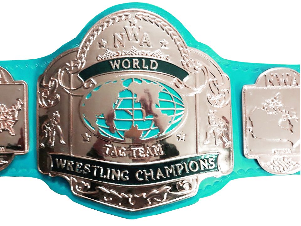NWA TAG TEAM WORLD CHAMPION WRESTLING CHAMPIONSHIP BELT LIGHT BLUE LEATHER STRAP ADULT SIZE