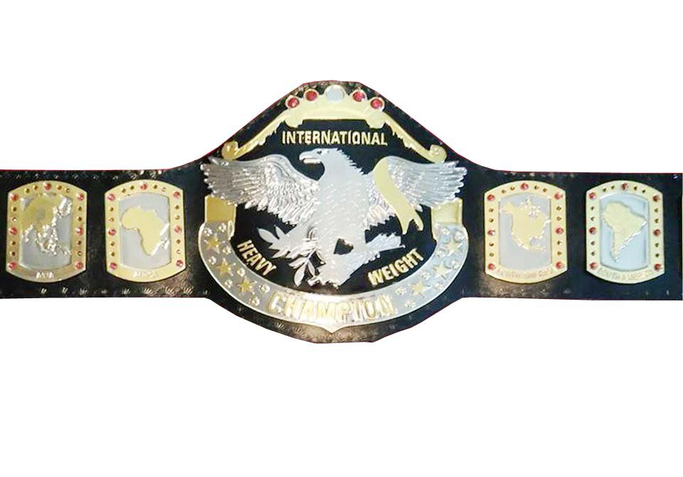 INTERNATIONAL HEAVYWEIGHT WRESTLING CHAMPIONSHIP BELT BLACK LEATHER STRAP ADULT SIZE