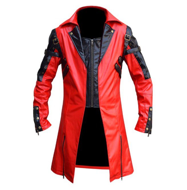 New Men's Traditional Coat Gothic Style Fashion Red Leather Jacket Size L