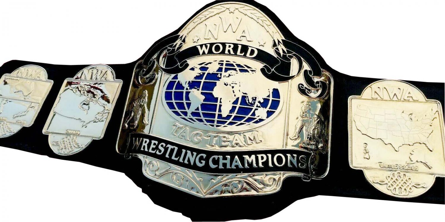 NWA TAG TEAM WORLD CHAMPION WRESTLING CHAMPIONSHIP BELT BLACK LEATHER STRAP ADULT SIZE