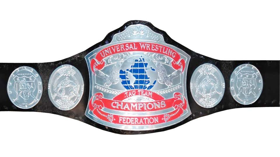 UNIVERSAL TAG TEAM CHAMPION WRESTLING CHAMPIONSHIP BELT BLACK LEATHER STRAP ADULT SIZE