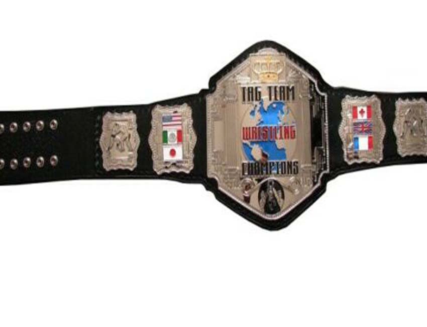 TAG TEAM WRESTLING CHAMPIONSHIP BELT BLACK LEATHER STRAP ADULT SIZE