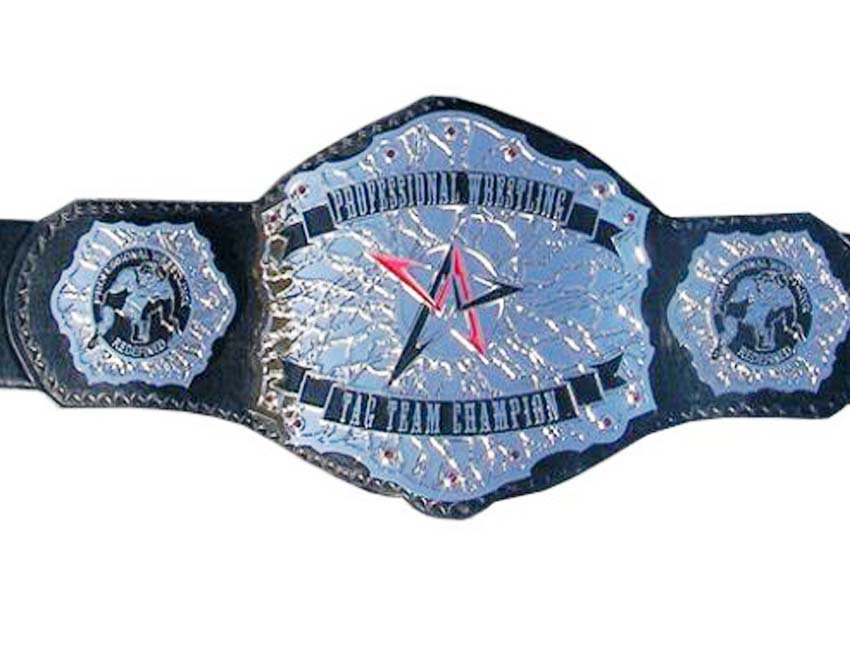PROFESSIONAL WRESTLING TAG TEAM CHAMPIONSHIP BELT BLACK DUAL PLATED LEATHER STRAP ADULT SIZE