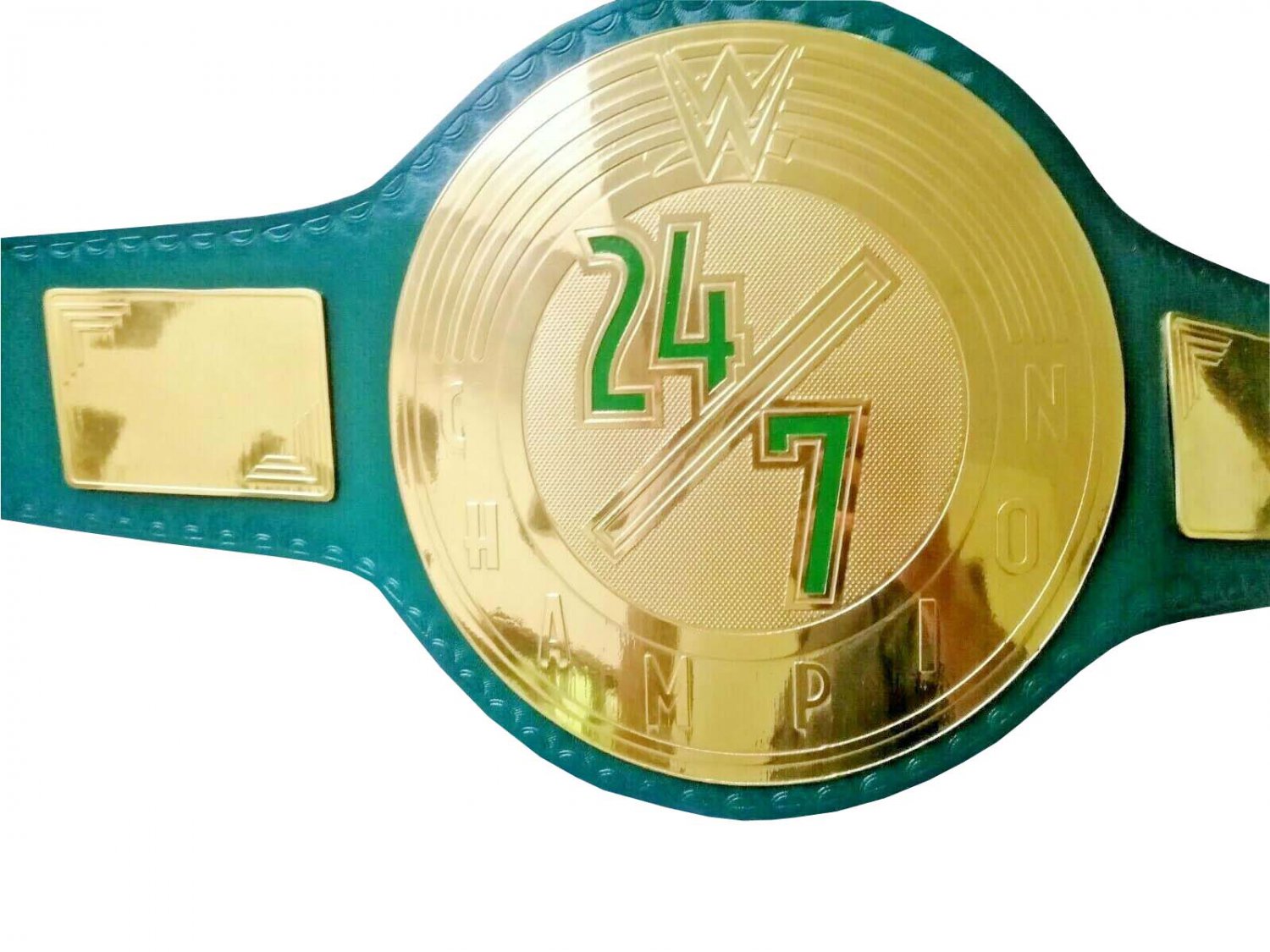 24/7 WRESTLING CHAMPIONSHIP BELT BRASS PLATED GREEN LEATHER STRAP ADULT SIZE