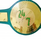24/7 WRESTLING CHAMPIONSHIP BELT BRASS PLATED GREEN LEATHER STRAP ADULT SIZE