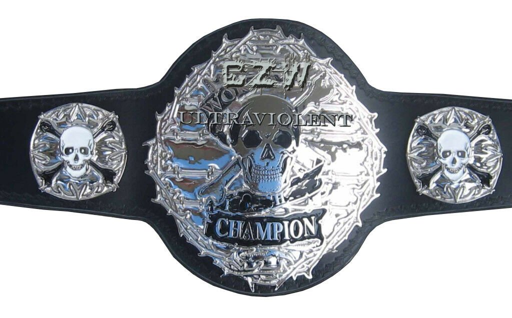 CZW ULTRAVIOLENT WRESTLING CHAMPIONSHIP BELT BLACK LEATHER STRAP ADULT SIZE