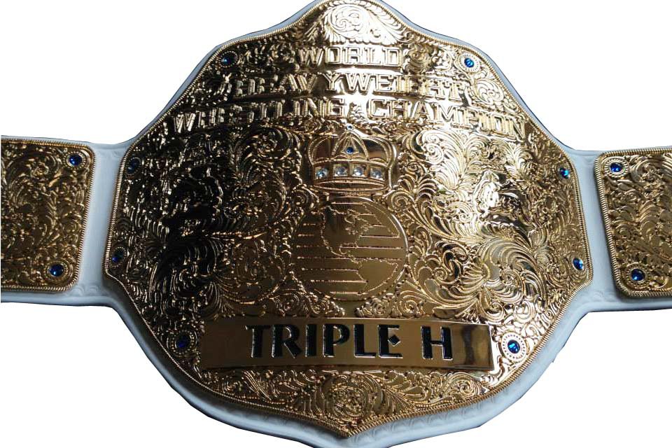FANDU BIG GOLD TRIPPLE H WRESTLING CHAMPIONSHIP BELT WHITE LEATHER STRAP ADULT SIZE