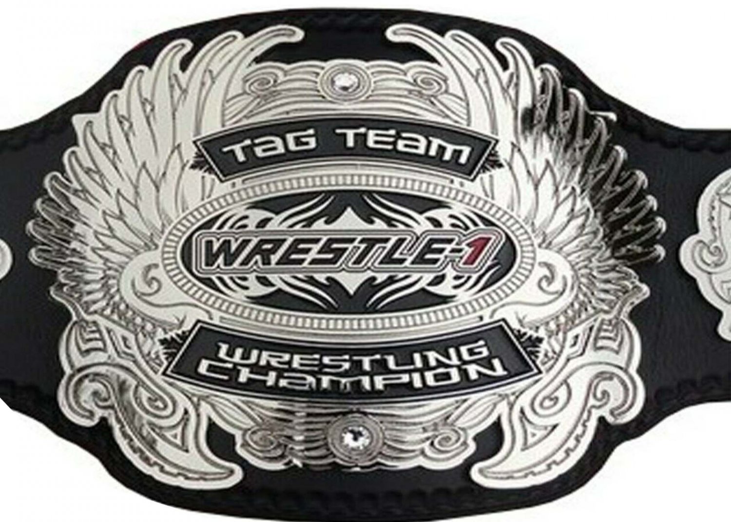 TAG TEAM WRESTLE-1 WRESTLING CHAMPIONSHIP BELT BLACK LEATHER STRAP ADULT SIZE