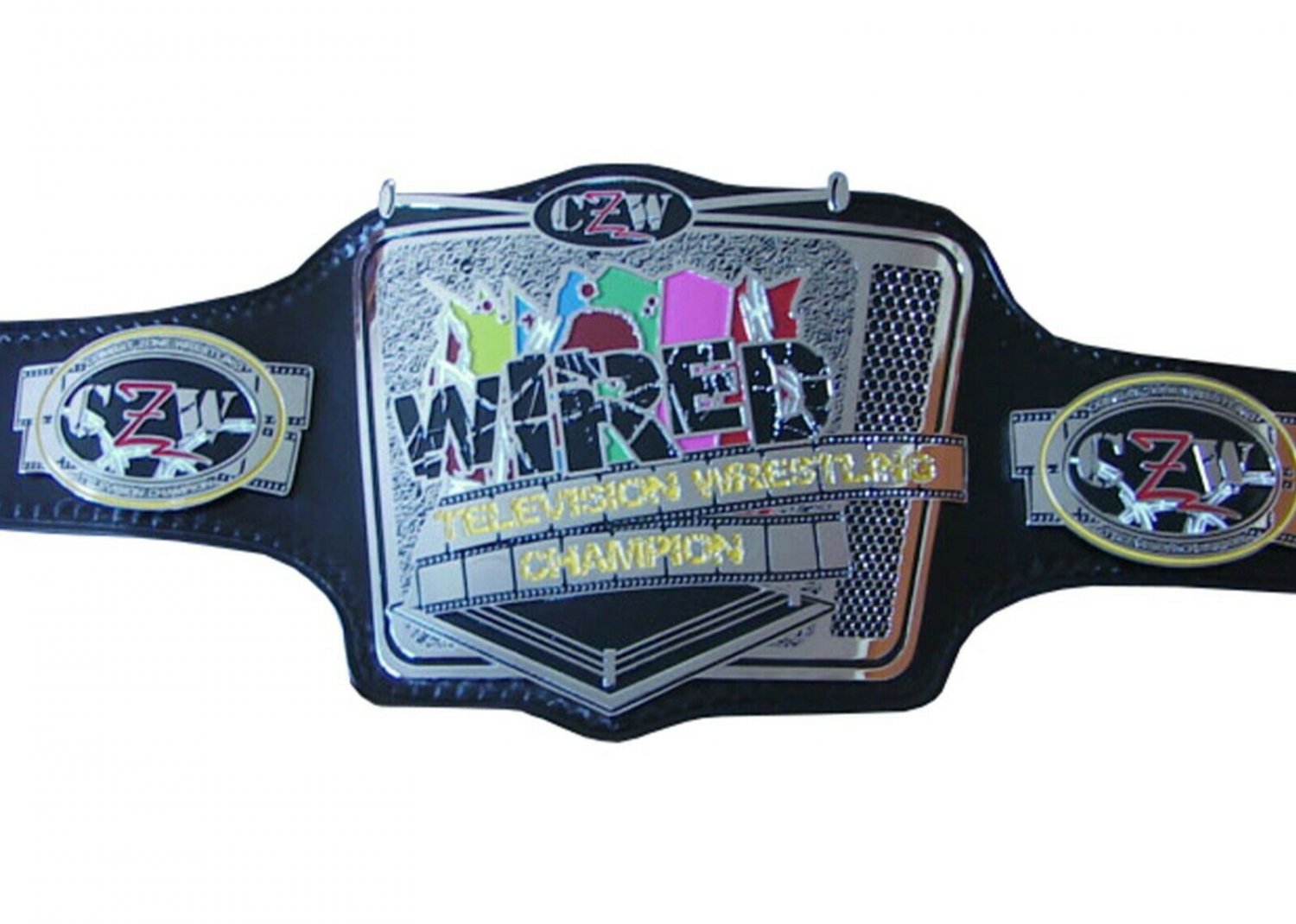 CZW WIRED TELEVISION WRESTLING CHAMPIONSHIP BELT BLACK LEATHER STRAP ADULT SIZE