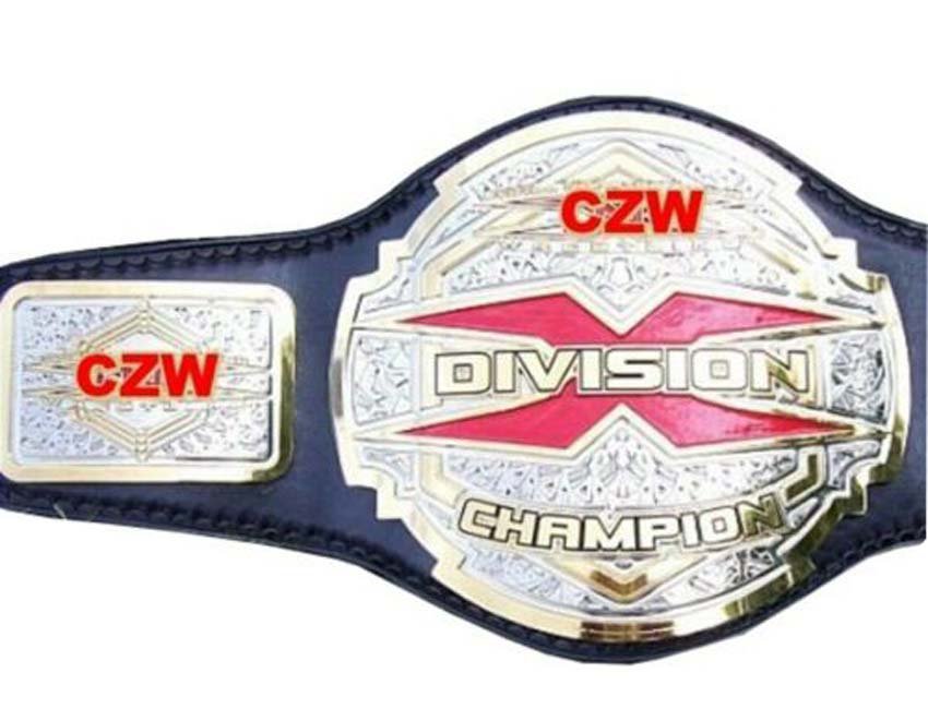 CZW X DIVISION CUSTOM MADE CHAMPION WRESTLING BELT BLACK LEATHER STRAP ADULT SIZE