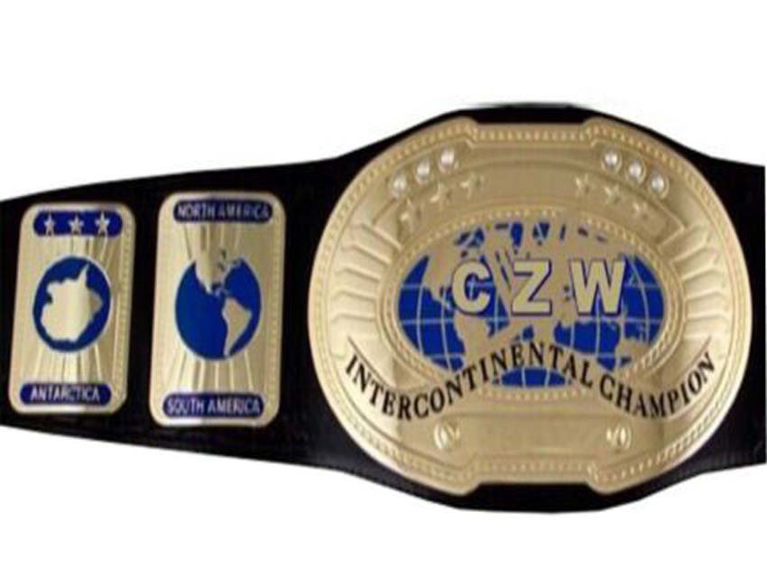 CZW INTERCONTINENTAL CUSTOM MADE CHAMPION WRESTLING BELT BLACK LEATHER STRAP ADULT SIZE
