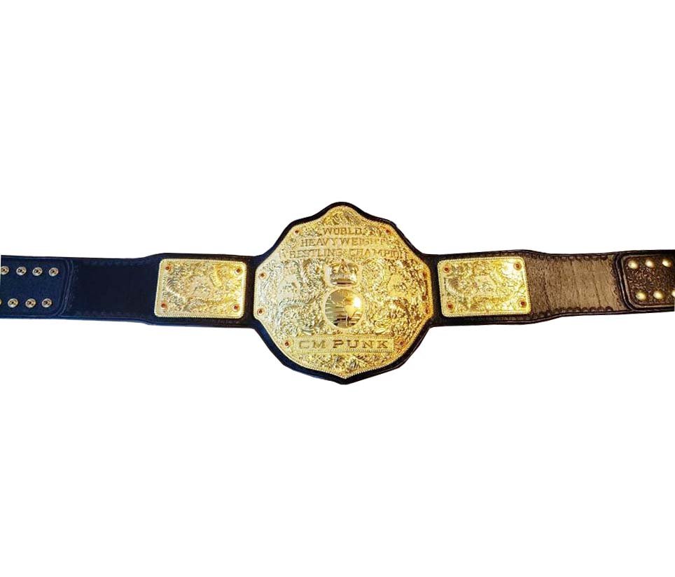 FANDU BIG GOLD CM PUNK WRESTLING CHAMPIONSHIP BELT BLACK LEATHER STRAP ADULT SIZE