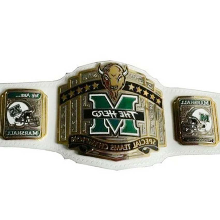 M THE HERD SPECIAL TEAMS WRESTLING CHAMPION BELT ADULT SIZE WHITE LEATHER STRAP