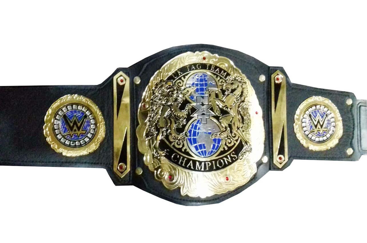 NXT UK TAG TEAM WRESTLING CHAMPIONS BELT ADULT SIZE BLACK LEATHER STRAP