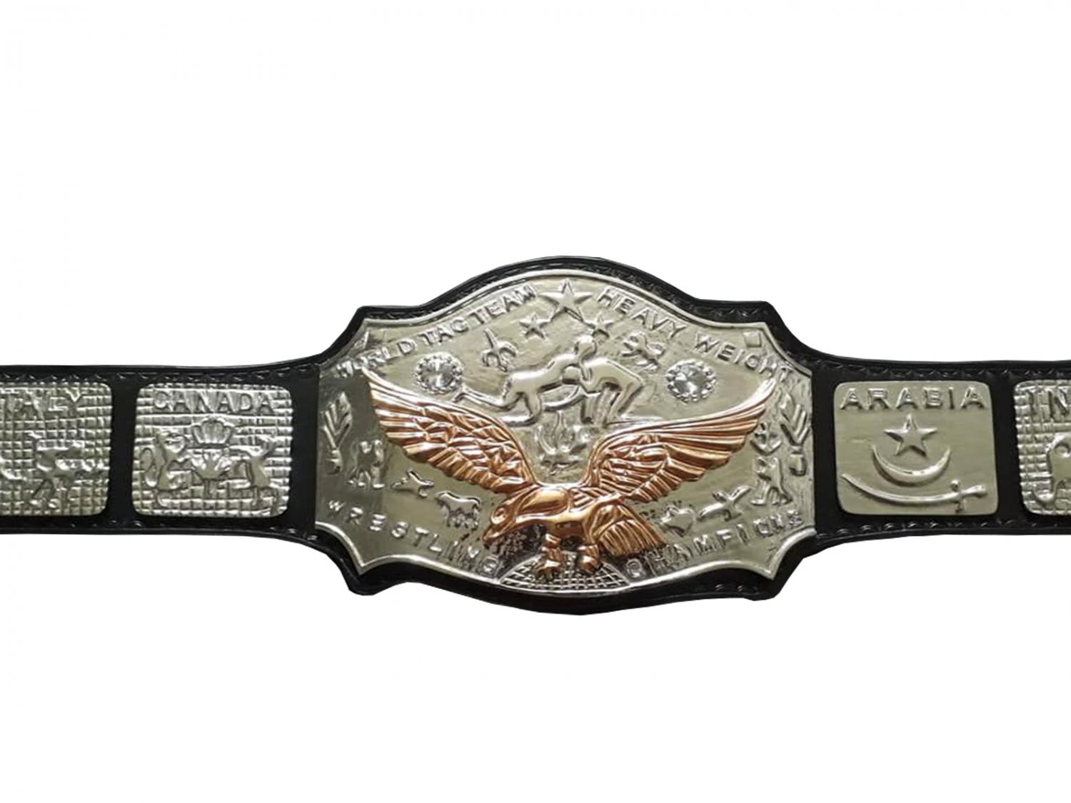 WORLD TAG TEAM HEAVYWEIGHT WRESTLING CHAMPIONSHIP BELT BLACK LEATHER STRAP ADULT SIZE