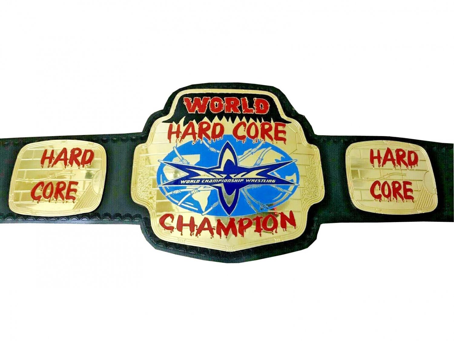 WORLD HARD CORE WRESTLING CHAMPIONSHIP BELT ADULT SIZE BLACK LEATHER STRAP