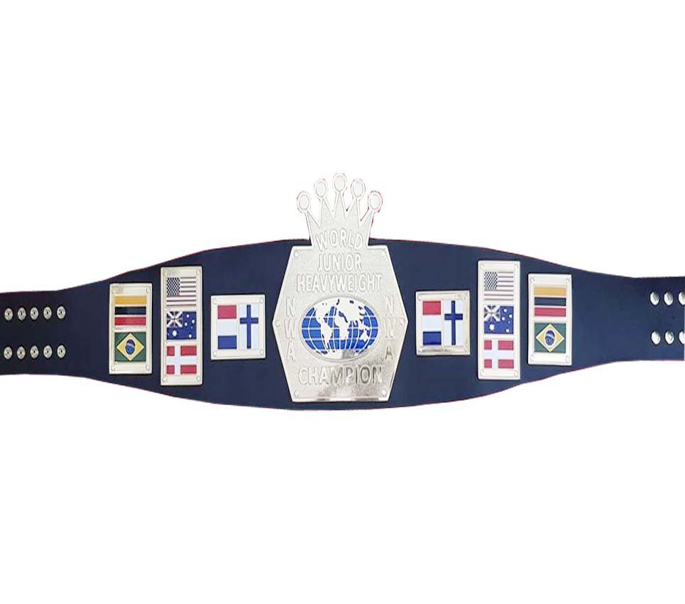 NWA WORLD JUNIOR HEAVYWEIGHT WRESTLING CHAMPIONSHIP BELT BLACK LEATHER STRAP ADULT SIZE