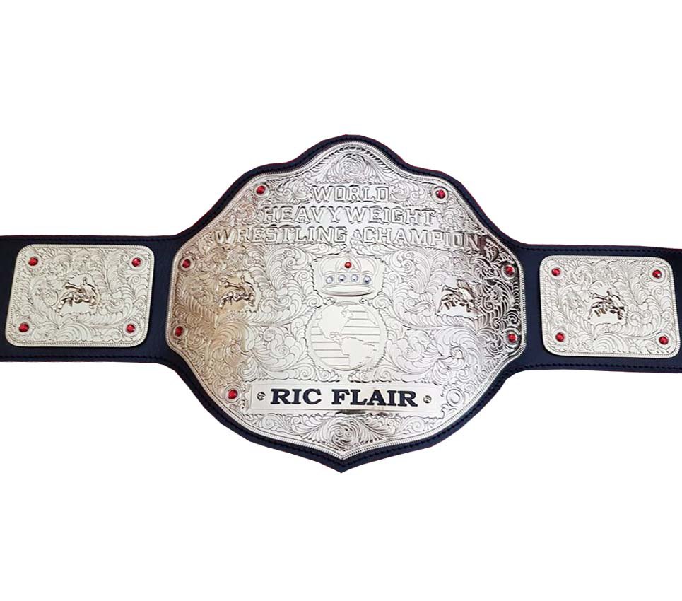FANDU BIG GOLD RIC FLAIR CHAMPIONSHIP BELT ADULT SIZE BLACK LEATHER STRAP