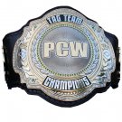 PCW TAG TEAM WRESTLING CHAMPIONSHIP 3D DUAL PLATED NICKLE  BELT BLACK LEATHER STRAP ADULT SIZE