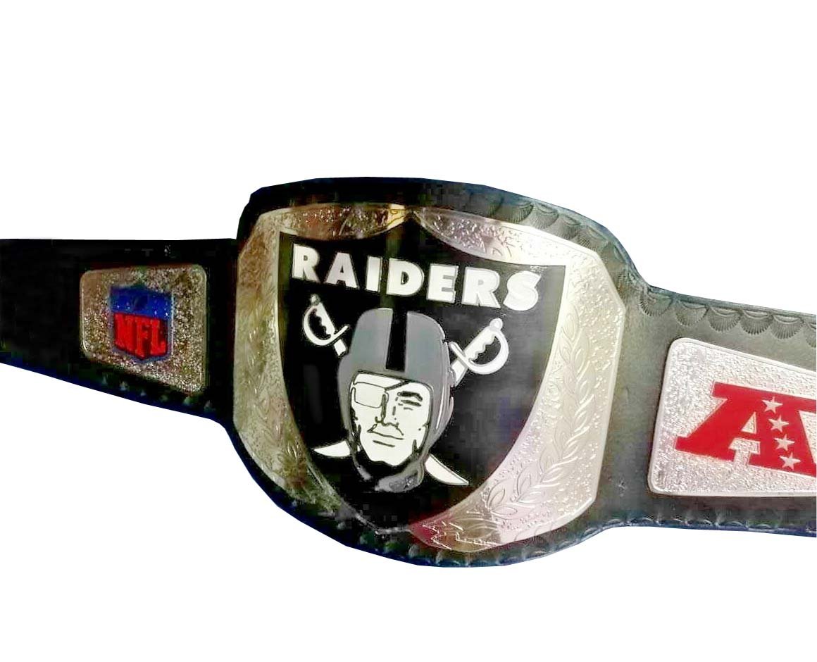 RAIDERS NFL WRESTLING CHAMPIONSHIP BELT BLACK LEATHER STRAP ADULT SIZE