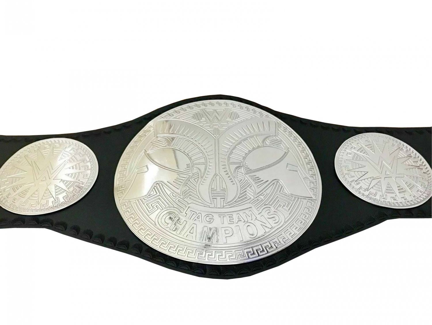 TAG TEAM WRESTLING CHAMPIONSHIP BELT BLACK LEATHER STRAP ADULT SIZE