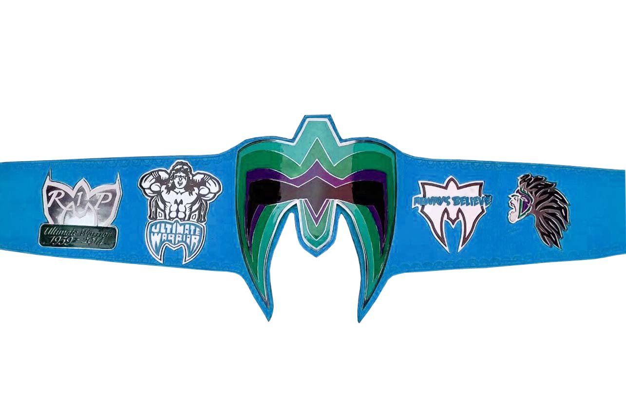 ULTIMATE WARRIOR WRESTLING CHAMPIONSHIP BELT RE LEATHER LIME BLUE CUSTOM MADE LEATHER STRAP
