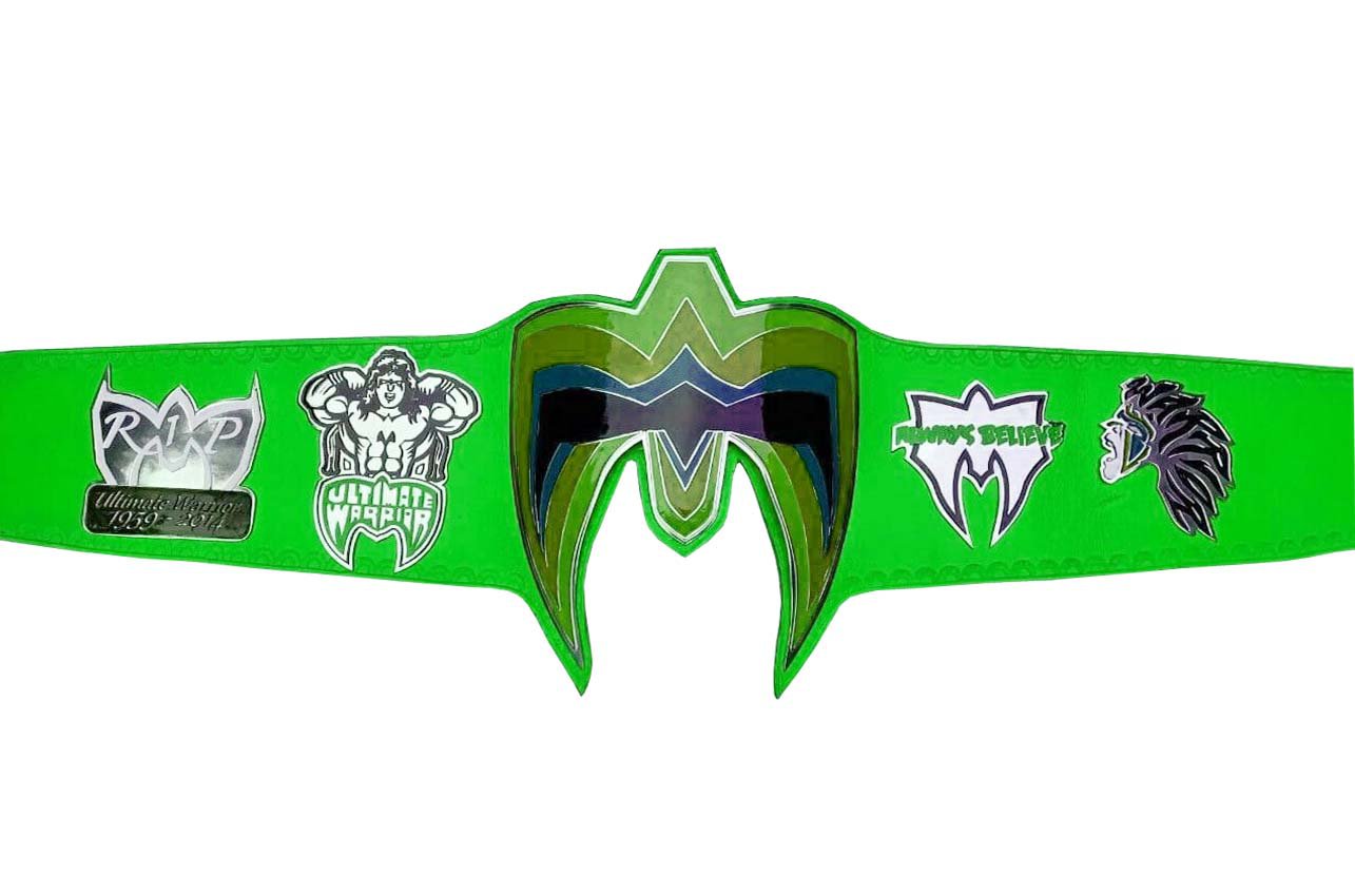 ULTIMATE WARRIOR WRESTLING CHAMPIONSHIP BELT RE LEATHER GREEN CUSTOM MADE LEATHER STRAP