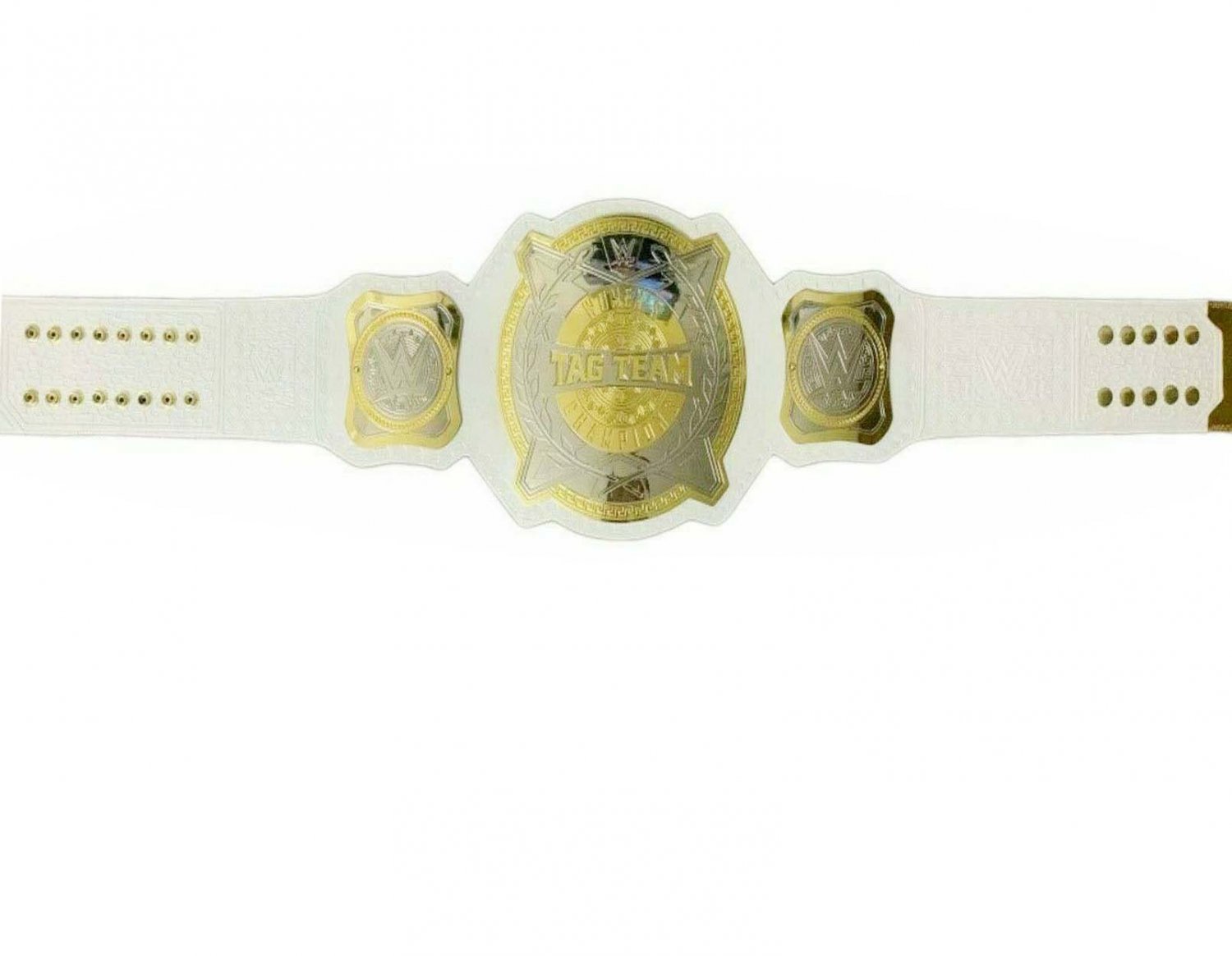 WOMENS TAG TEAM WRESTLING CHAMPIONSHIP BELT ADULT SIZE WHITE LEATHER STRAP