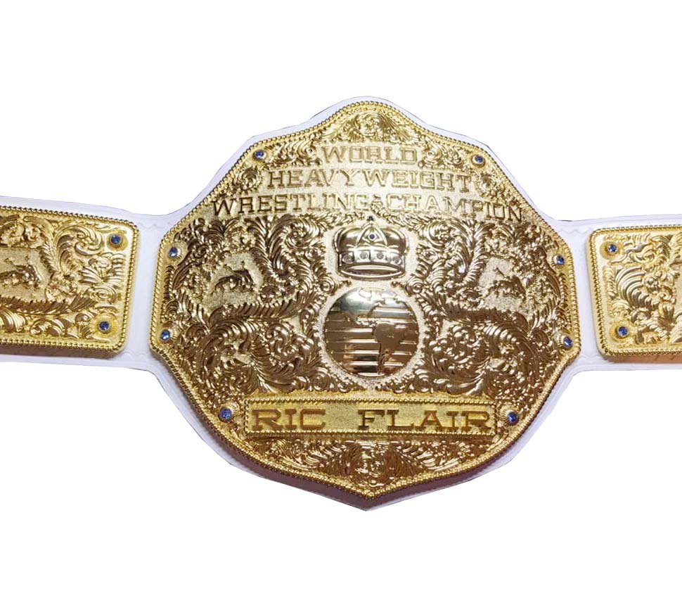 FANDU BIG GOLD RIC FLAIR WRESTLING CHAMPIONSHIP BELT WHITE LEATHER STRAP ADULT SIZE