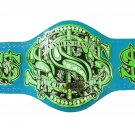 CASH IN HAND WRESTLING CUSTOMIZE CHAMPIONSHIP BELT ON LIME BLUE LEATHER STRAP ADULT SIZE