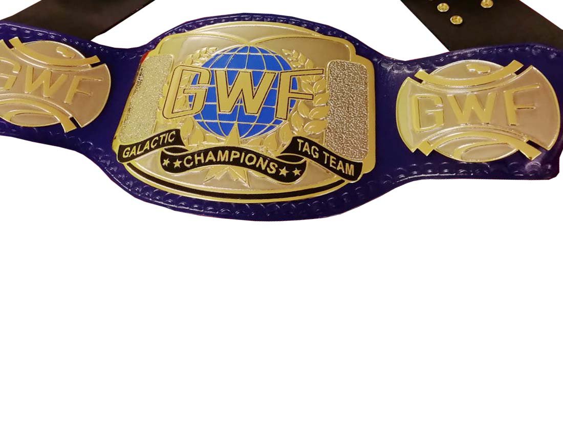 GWF GALACTIC TAG TEAM WRESTLING CHAMPIONSHIP BELT BLUE LEATHER STRAP ADULT SIZE